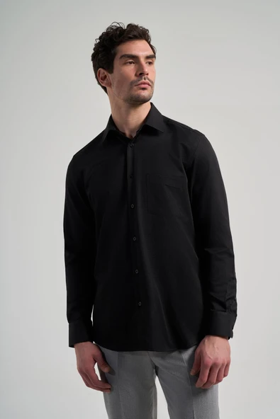 Uzun Kol Desenli Armürlü Sert Yaka cepli Pamuklu Classic Comfort Fit Gömlek 1004250171 - Resim 3