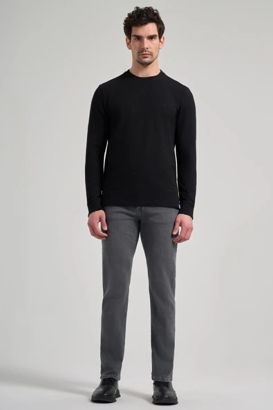 Siyah Uzun Kol Düz Örme Bisiklet Yaka Cepsiz Pamuklu Sweatshirt - 2