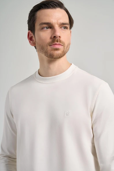 Açık Krem Uzun Kol Düz Örme Bisiklet Yaka Cepsiz Pamuklu Sweatshirt - Resim 4