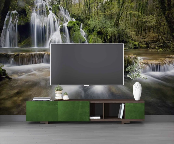 Şelale Nehir Orman Sonbahar Duvar Kağıdı Baskı - Resim 3