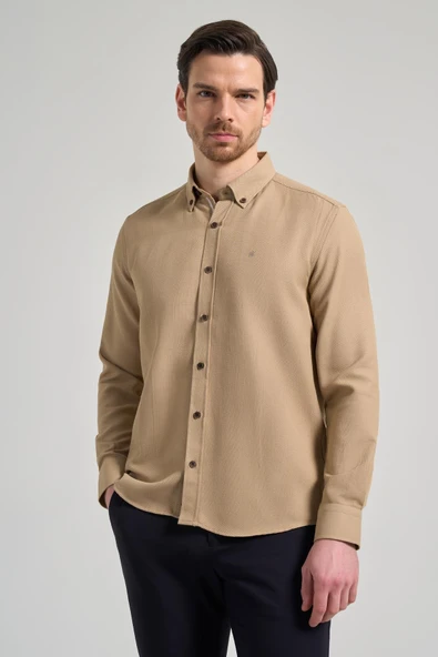 Uzun Kol Desenli Armürlü Düğmeli Yaka Cepsiz Pamuklu Casual Slim Fit Gömlek 1004250206 - Resim 2