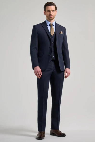 Koyu Lacivert Kendinden Desenli 2 Düğme Classic Esnek Slim Fit Takım Elbise 1001250156