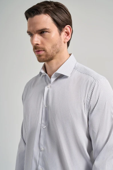 Uzun Kol Çizgili Desen Bez Ayağı İtalyan Yaka Cepsiz Esnek Classic Slim Fit Gömlek 1004250201 - Resim 4