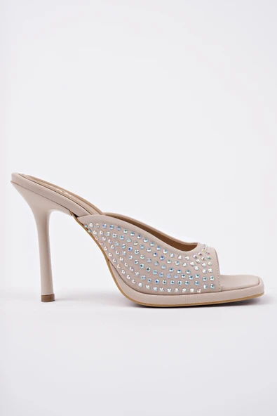 Muggo PUJA Küt Burun İnce Topuklu Taşlı Kadın Topuklu Terlik - 2