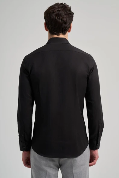 Siyah Sert Yaka Düz Classic Pamuklu Slim Fit Gömlek 1004250214 - Resim 5