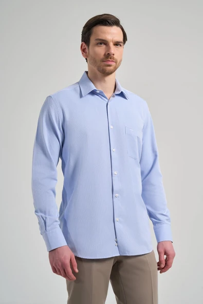 Uzun Kol Desenli Armürlü Sert Yaka cepli Pamuklu Classic Comfort Fit Gömlek 1004250171 - 3