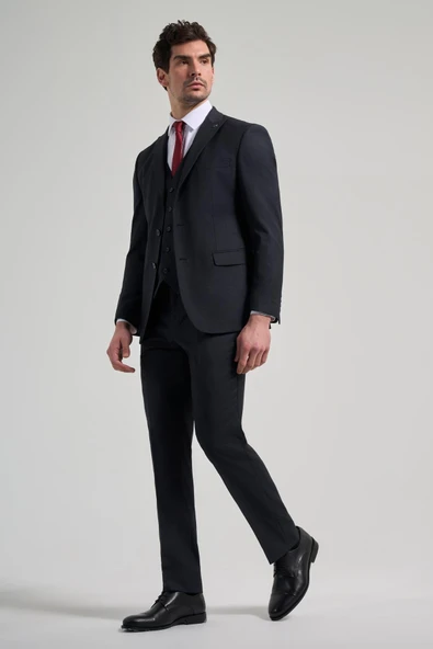 Koyu Lacivert Çizgili Desen 2 Düğme Classic Esnek Slim Fit Takım Elbise 1001250158