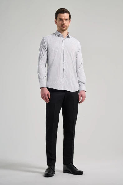 Uzun Kol Çizgili Desen Bez Ayağı İtalyan Yaka Cepsiz Esnek Classic Slim Fit Gömlek 1004250201 - Resim 2