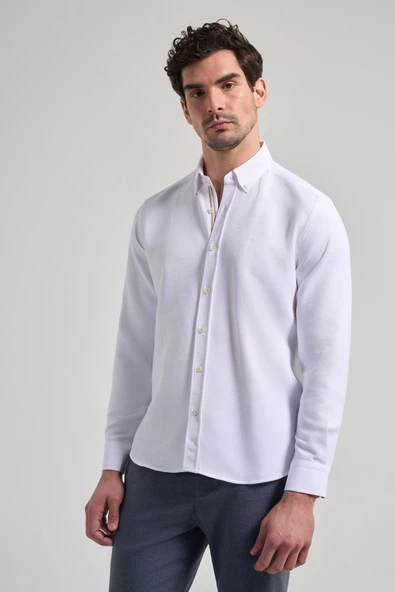 Uzun Kol Desenli Armürlü Düğmeli Yaka Cepsiz Pamuklu Casual Slim Fit Gömlek 1004250206 - 3