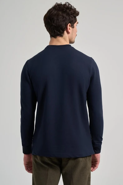 Koyu Lacivert Uzun Kol Düz Örme Bisiklet Yaka Cepsiz Pamuklu Sweatshirt - Resim 5