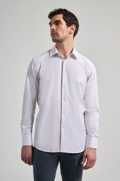 Uzun Kol Çizgili Desen Bez Ayağı Sert Yaka cepli Pamuklu Classic Comfort Fit Gömlek 1004250172 - Resim 3
