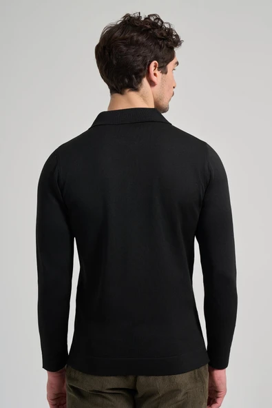 Siyah Polo Yaka Düz Casual Pamuklu Slim Fit Triko 1012245250 - Resim 5