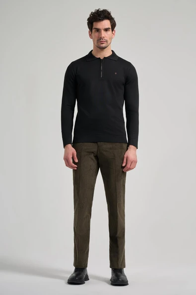 Siyah Polo Yaka Düz Casual Pamuklu Slim Fit Triko 1012245250 - Resim 2