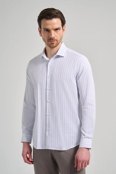 Uzun Kol Çizgili Desen Bez Ayağı İtalyan Yaka Cepsiz Pamuklu Classic Slim Fit Gömlek 1004250181