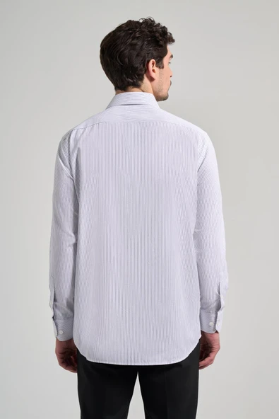 Uzun Kol Çizgili Desen Bez Ayağı Sert Yaka cepli Pamuklu Classic Comfort Fit Gömlek 1004250172 - Resim 5