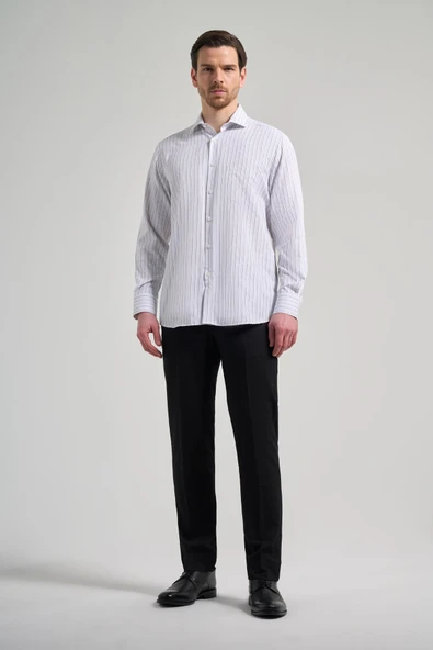 Uzun Kol Çizgili Desen Bez Ayağı İtalyan Yaka cepli Pamuklu Classic Comfort Fit Gömlek 1004250182 - Resim 2