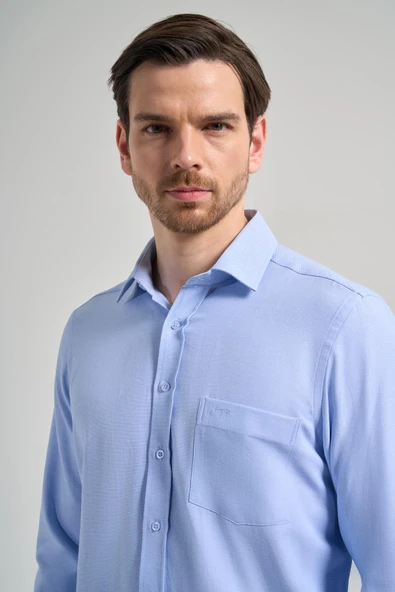 Mavi Sert Yaka Düz Classic Pamuklu Comfort Fit Gömlek 1004250213 - Resim 4