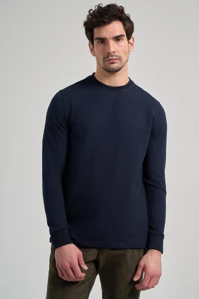 Koyu Lacivert Uzun Kol Düz Örme Bisiklet Yaka Cepsiz Pamuklu Sweatshirt ürün görseli