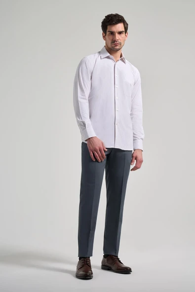 Uzun Kol Çizgili Desen Bez Ayağı Sert Yaka cepli Pamuklu Classic Comfort Fit Gömlek 1004250172 - Resim 2