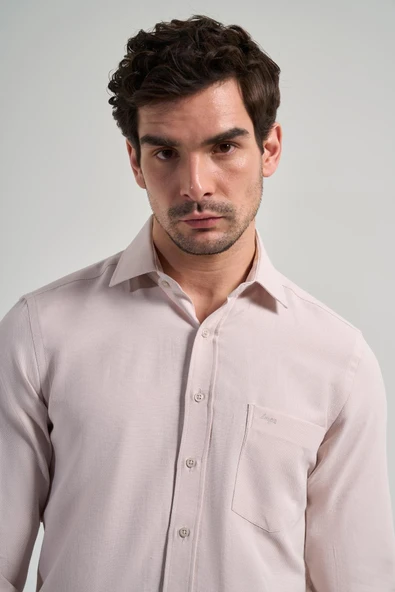 Bej Sert Yaka Düz Classic Pamuklu Comfort Fit Gömlek 1004250213 - Resim 4