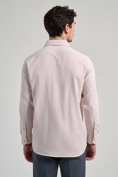Bej Sert Yaka Düz Classic Pamuklu Comfort Fit Gömlek 1004250213 - Resim 5