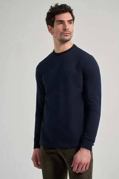 Koyu Lacivert Uzun Kol Düz Örme Bisiklet Yaka Cepsiz Pamuklu Sweatshirt - Resim 3