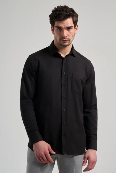 Siyah Sert Yaka Düz Classic Pamuklu Comfort Fit Gömlek 1004250213