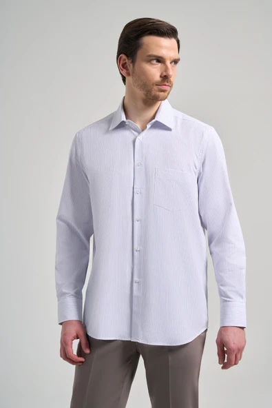 Uzun Kol Çizgili Desen Bez Ayağı Sert Yaka cepli Pamuklu Classic Comfort Fit Gömlek 1004250172