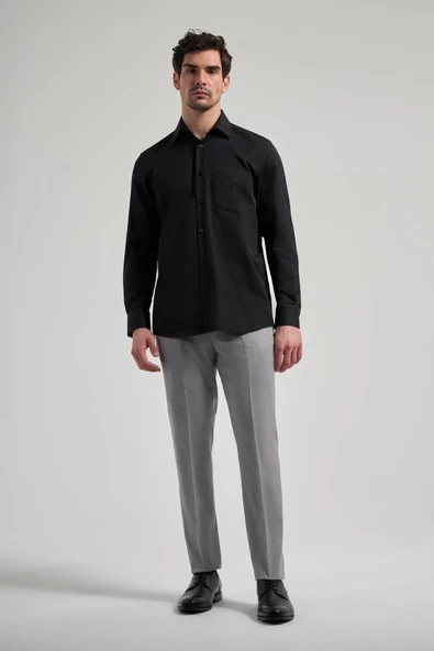 Uzun Kol Desenli Armürlü Sert Yaka cepli Pamuklu Classic Comfort Fit Gömlek 1004250171 - Resim 2