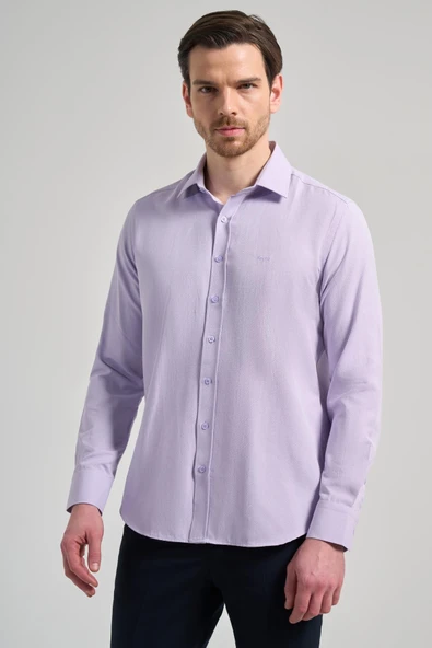 Lila Sert Yaka Düz Classic Pamuklu Slim Fit Gömlek 1004250214