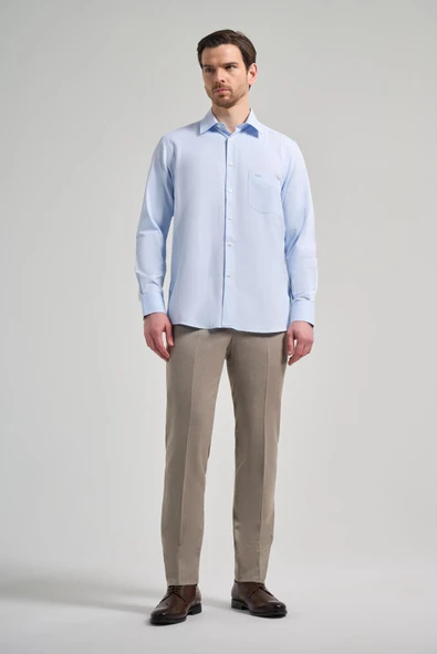 Uzun Kol Desenli Armürlü Sert Yaka cepli Pamuklu Classic Comfort Fit Gömlek 1004250171 - Resim 2