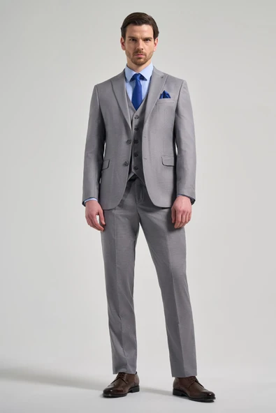 Gri Kendinden Desenli 2 Düğme Classic Esnek Slim Fit Takım Elbise 1001250157