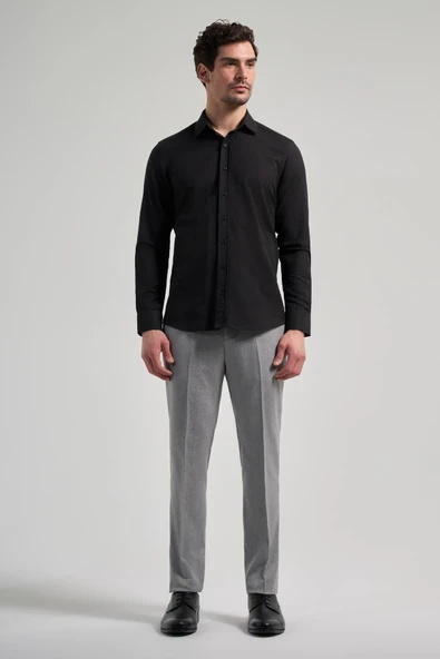 Siyah Sert Yaka Düz Classic Pamuklu Slim Fit Gömlek 1004250214 - Resim 2