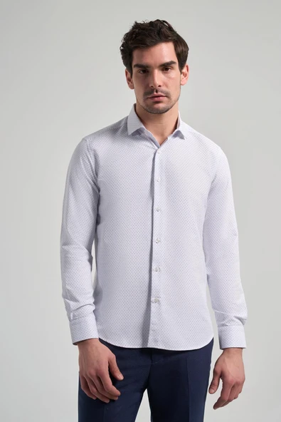 Uzun Kol Desenli Armürlü İtalyan Yaka Cepsiz Pamuklu Classic Slim Fit Gömlek 1004250196