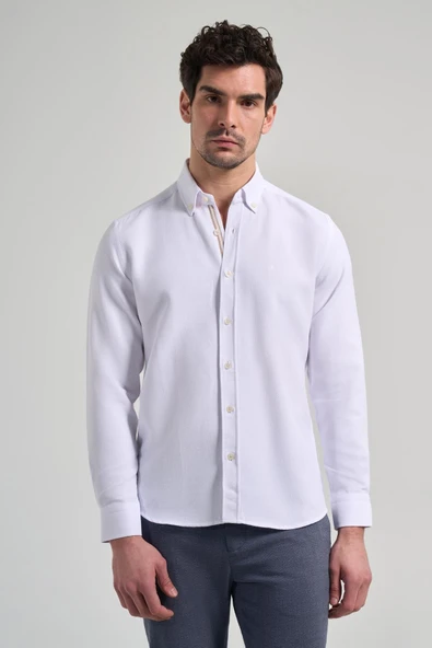 Uzun Kol Desenli Armürlü Düğmeli Yaka Cepsiz Pamuklu Casual Slim Fit Gömlek 1004250206