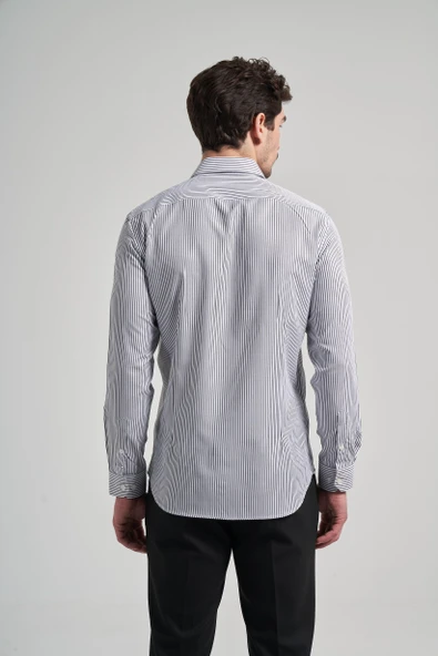 Uzun Kol Çizgili Desen Bez Ayağı İtalyan Yaka Cepsiz Pamuklu Classic Slim Fit Gömlek 1004250180 - Resim 4