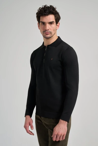 Siyah Polo Yaka Düz Casual Pamuklu Slim Fit Triko 1012245250 - Resim 3