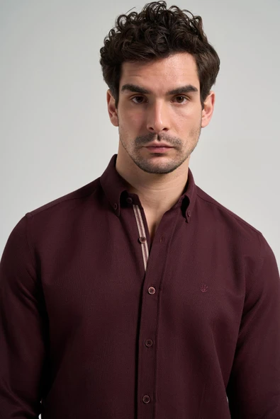 Uzun Kol Desenli Armürlü Düğmeli Yaka Cepsiz Pamuklu Casual Slim Fit Gömlek 1004250206 - Resim 4