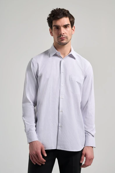 Uzun Kol Çizgili Desen Bez Ayağı Sert Yaka cepli Pamuklu Classic Comfort Fit Gömlek 1004250172