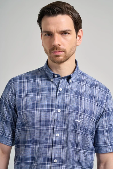 Kısa Kol Ekose Desen Bez Ayağı Düğmeli Yaka cepli Pamuklu Classic Comfort Fit Gömlek 1004250162 - Resim 4