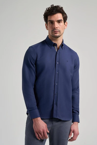 Uzun Kol Desenli Armürlü Düğmeli Yaka Cepsiz Pamuklu Casual Slim Fit Gömlek 1004250206