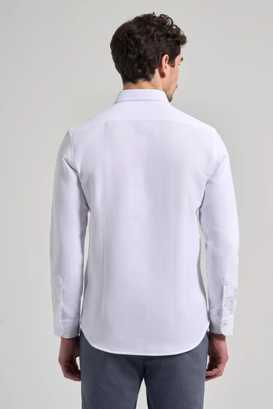Uzun Kol Desenli Armürlü Düğmeli Yaka Cepsiz Pamuklu Casual Slim Fit Gömlek 1004250206 - 5