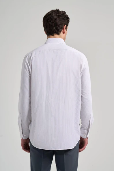 Uzun Kol Çizgili Desen Bez Ayağı Sert Yaka cepli Pamuklu Classic Comfort Fit Gömlek 1004250172 - Resim 5