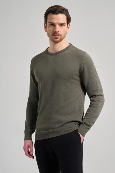 Koyu Yeşil Uzun Kol Düz Örme Bisiklet Yaka Classic Comfort Fit Triko 1012245006 - 1