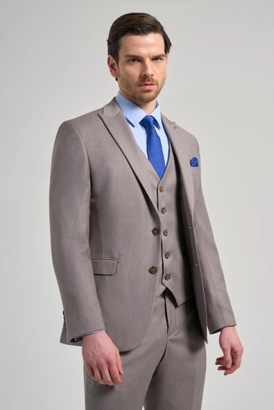 Koyu Vizon Kendinden Desenli 2 Düğme Classic Esnek Slim Fit Takım Elbise 1001250157 - Resim 3