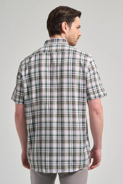Kısa Kol Ekose Desen Bez Ayağı Düğmeli Yaka cepli %100 Pamuk Classic Comfort Fit Gömlek 1004250164 - Resim 5