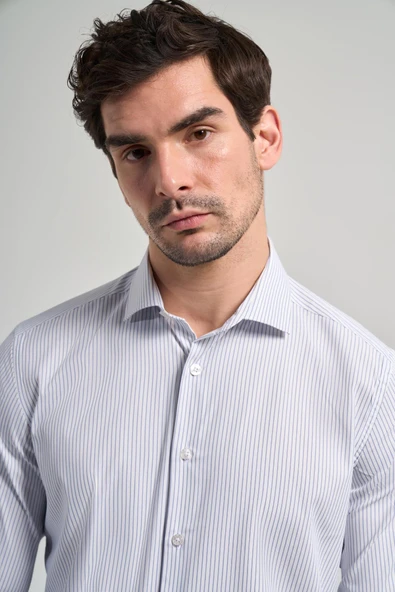 Uzun Kol Çizgili Desen Bez Ayağı İtalyan Yaka Cepsiz Esnek Classic Slim Fit Gömlek 1004250201 - Resim 4