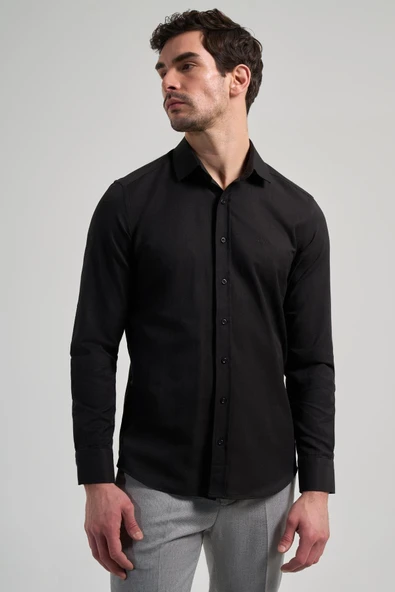 Siyah Sert Yaka Düz Classic Pamuklu Slim Fit Gömlek 1004250214 - Resim 3