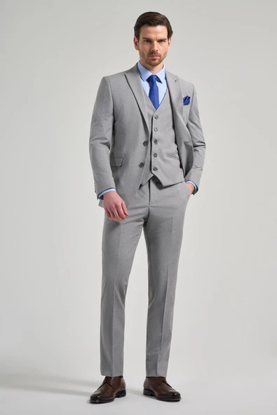 Gri Çizgili Desen 2 Düğme Classic Esnek Slim Fit Takım Elbise 1001250158
