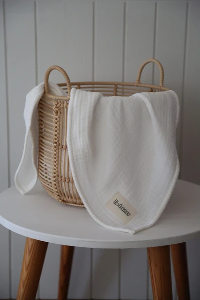 LİBABABY Müslin Ekru-oeko-tex Sertifikalı %100pamuk 4 Katlı Kenar Nakışlı 105x105 Cm Bebek Battaniye & Örtü